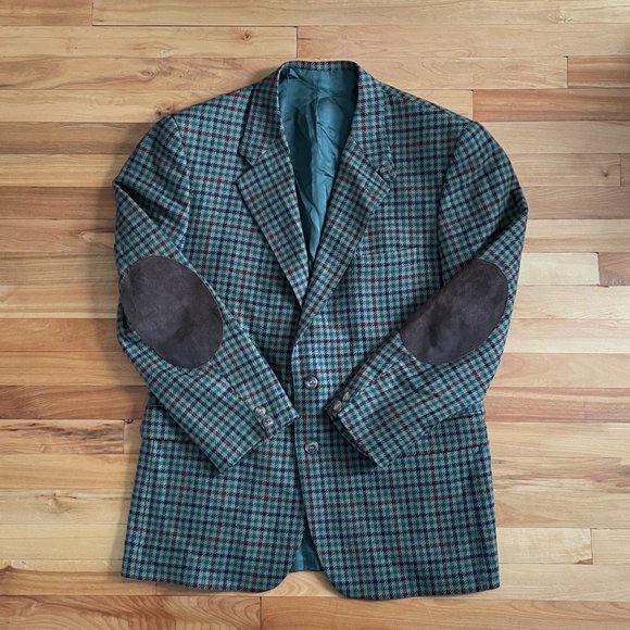 Vintage Old River Houndstooth Pattern Wool Blazer Leather Elbow Patches Size 42 - Picture 3 of 9